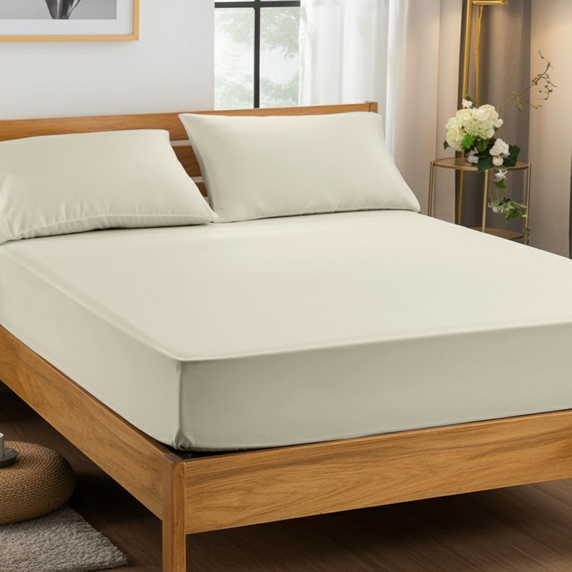 Microfibre Soft Touch Fitted Sheet 25Cm Skirt Plain Dyed Bed Linen Cream from B&Q