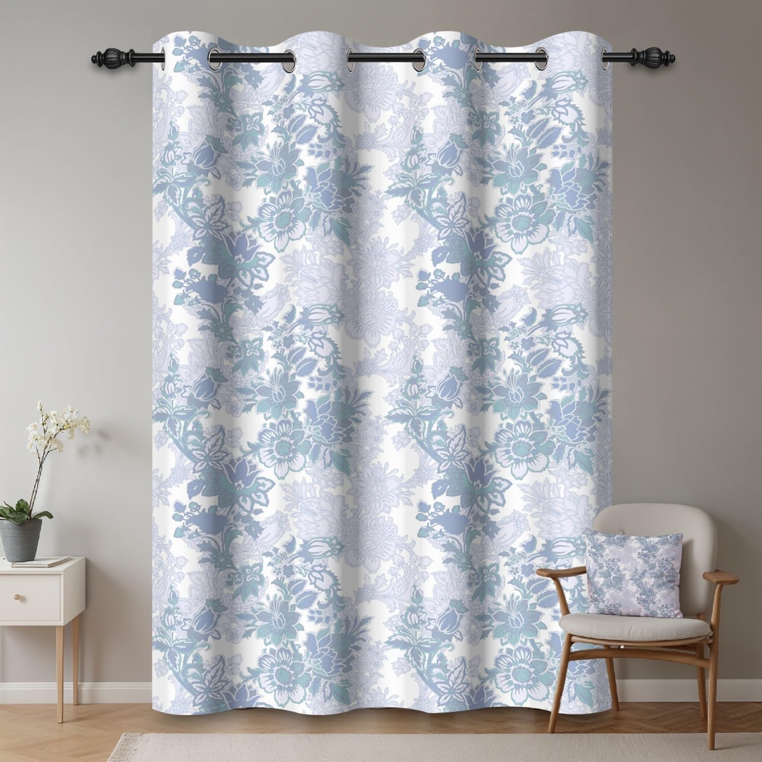 135x229cm Rideau à œillets Fleuri Bleu Esthétique Vintage Moyen-âge Ferme Style campagnard Rideaux isolants Thermiques Oeillets Occultants Rideaux pour Chambre de Fille Salon,1 Panneau Simple