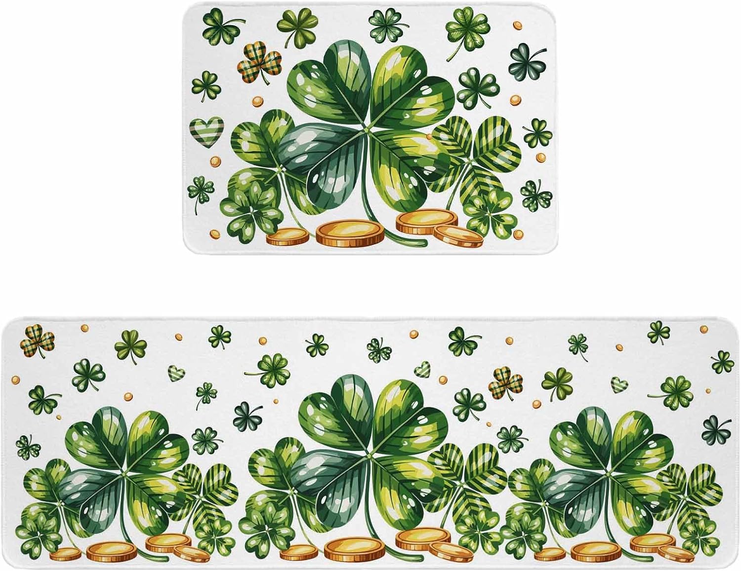 St Patrick's Day Shamrock Kitchen Rugs and Mats Set of 2, Non-Slip Kitchen Sink Mat, Lucky Four Leaf Gold Coin Green Washable Doormat Bathroom Rugs Runner for Bedroom/Living Room 17.7"x30"+17.7"x59"