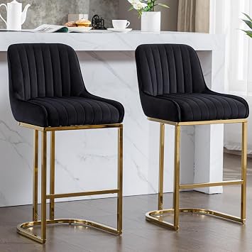 Shunzhi Black and Gold Bar Stools Set of 2 Modern Velvet Counter Stools 26'' Upholstered Bar Chairs Stripe Barstools for Kitchen Island/Home Pub