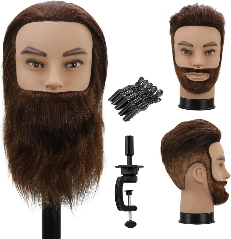Male Mannequin Head,Training Head with 100% Human Hair 12inch Barber Mannequin Head Male Mannequin Head With Beard for Hair Styling, Practicing Cut Styling（Dark Brown）