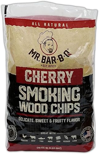 Mr. Bar-B-Q 05017 Chips de madera para ahumar (cereza) Sabor dulce y afrutado Hecho de madera 100% dura Chips de madera de cerezo totalmente