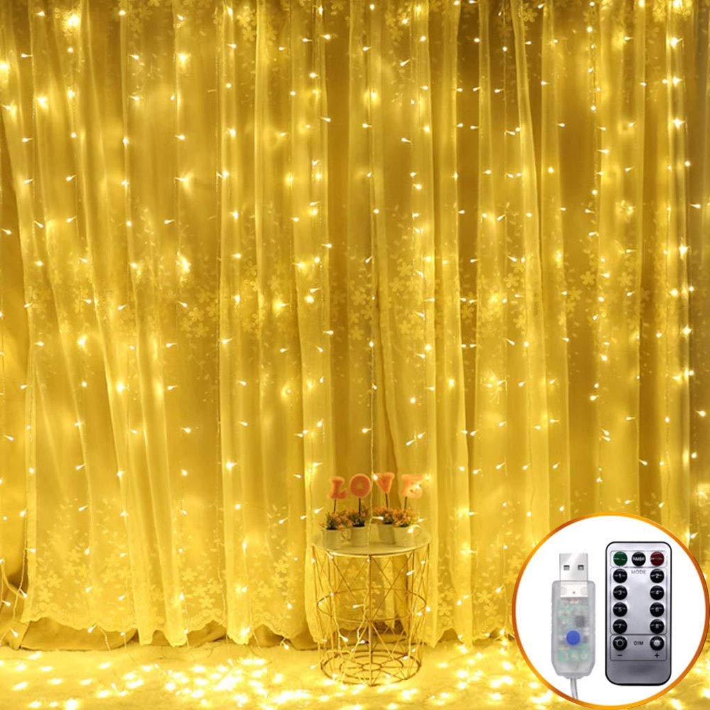HH-HH Curtain Lights, 8 Modes USB Or Battery with Remote Curtain Fairy Light Waterproof for Outdoor Indoor Wedding Party Garden Bedroom (Warm White) (Size : 3m*3m)