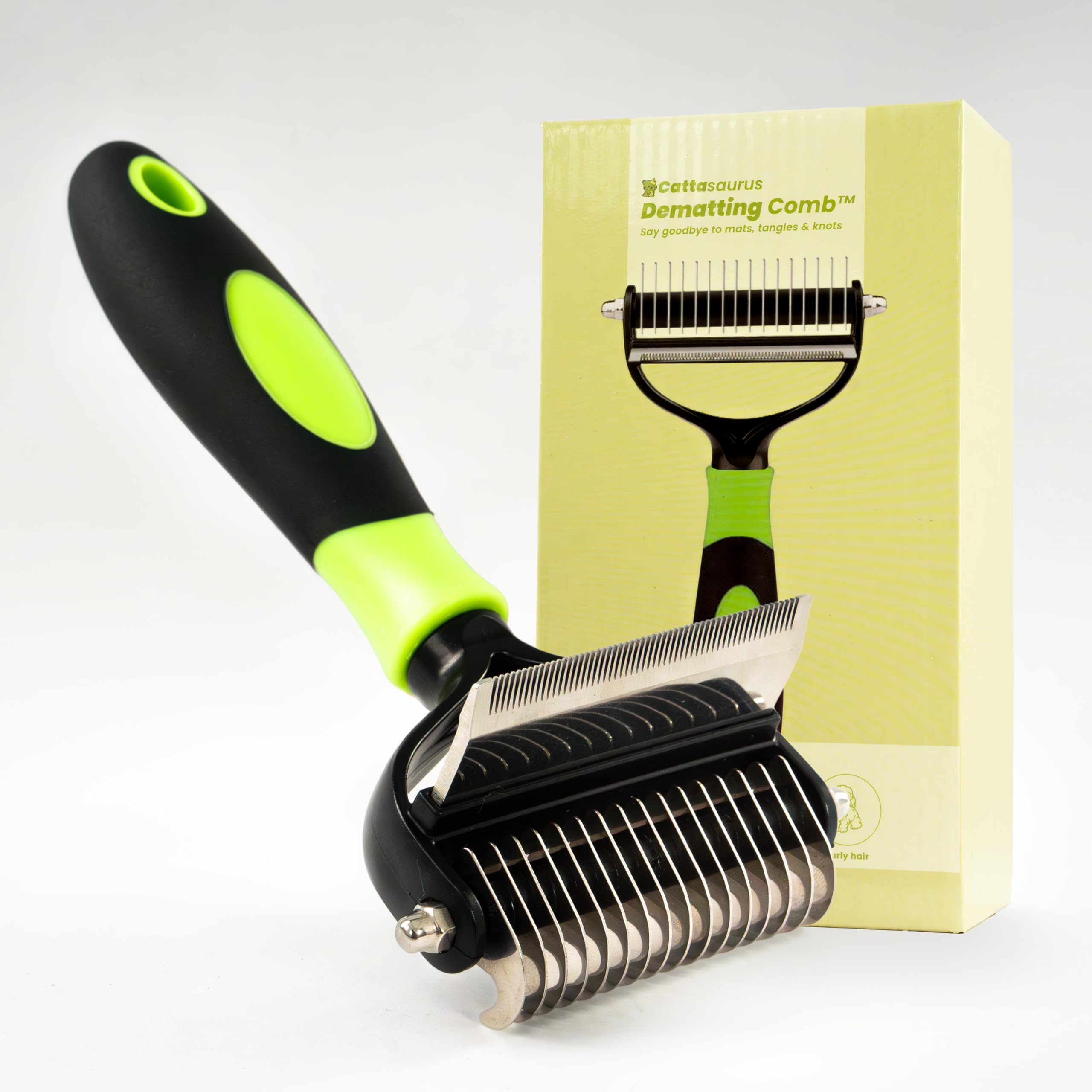 CATTASAURUS Cats & Dogs Grooming Brush for Shedding - 2 in 1 Deshedding Tool and Undercoat Rake for Long and Short Haired Dogs with Double Coat -