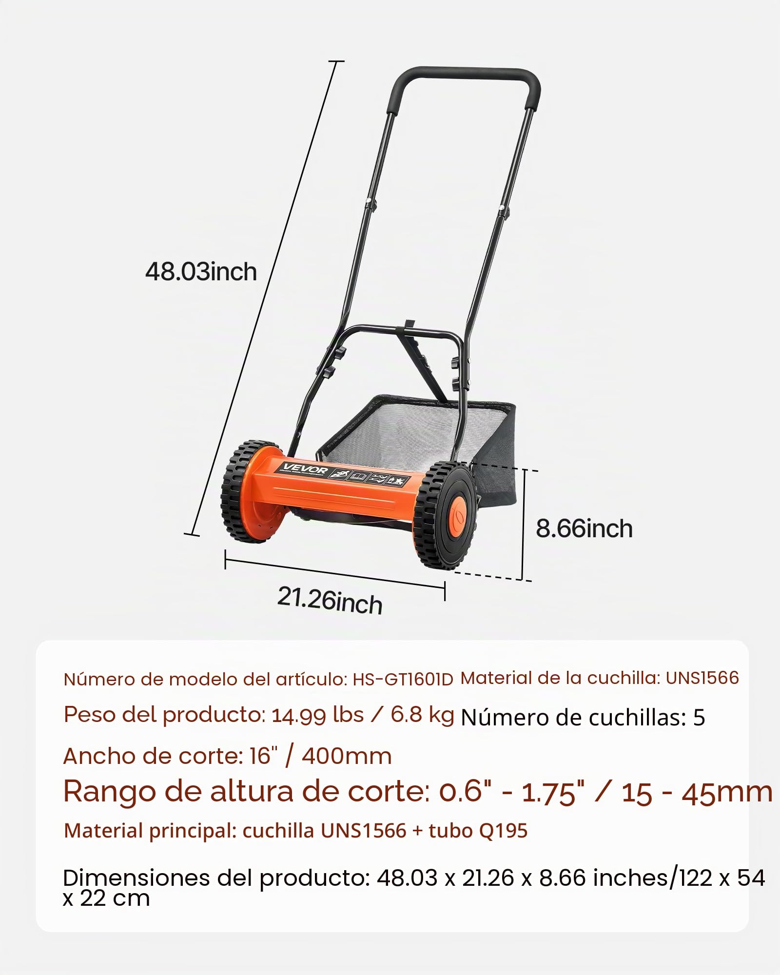 VEVOR Cortadora de Césped Manual de 400 mm con 5 Cuchillas 2 Ruedas sin Motor Altura de Corte Ajustable de 15-45 mm con Bolsa Recolectora de Césped para, Caminos de Acceso, Patios, Jardines