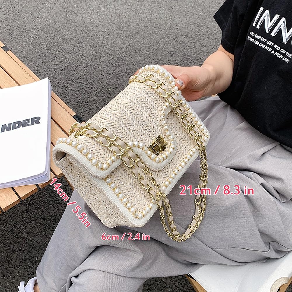 Straw Crossbody Bag for Women, Cute Woven Shoulder Bag with Pearl Trim Small Cross Body Purse Handbag Spring Summer Trendy