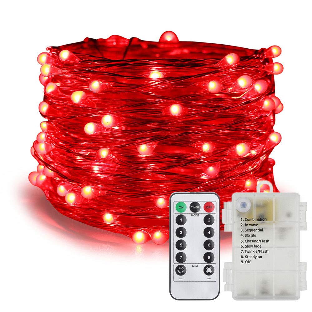 ER CHEN Battery Operated Fairy Lights, Waterproof 8 Modes 100 LED String Lights 33 ft Copper Wire le Firefly Lights with Remote Timer for Indoor Outdoor Decor (Red)