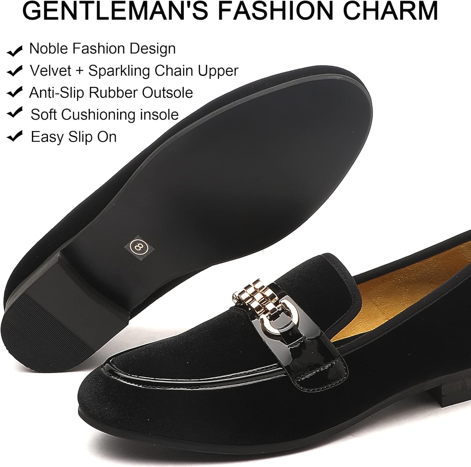 Men's Velvet Loafers,Mens Dress Shoes with Gold Chain, Slip On Flats Smoking Slippers Penny Shoes for Men - Image 3