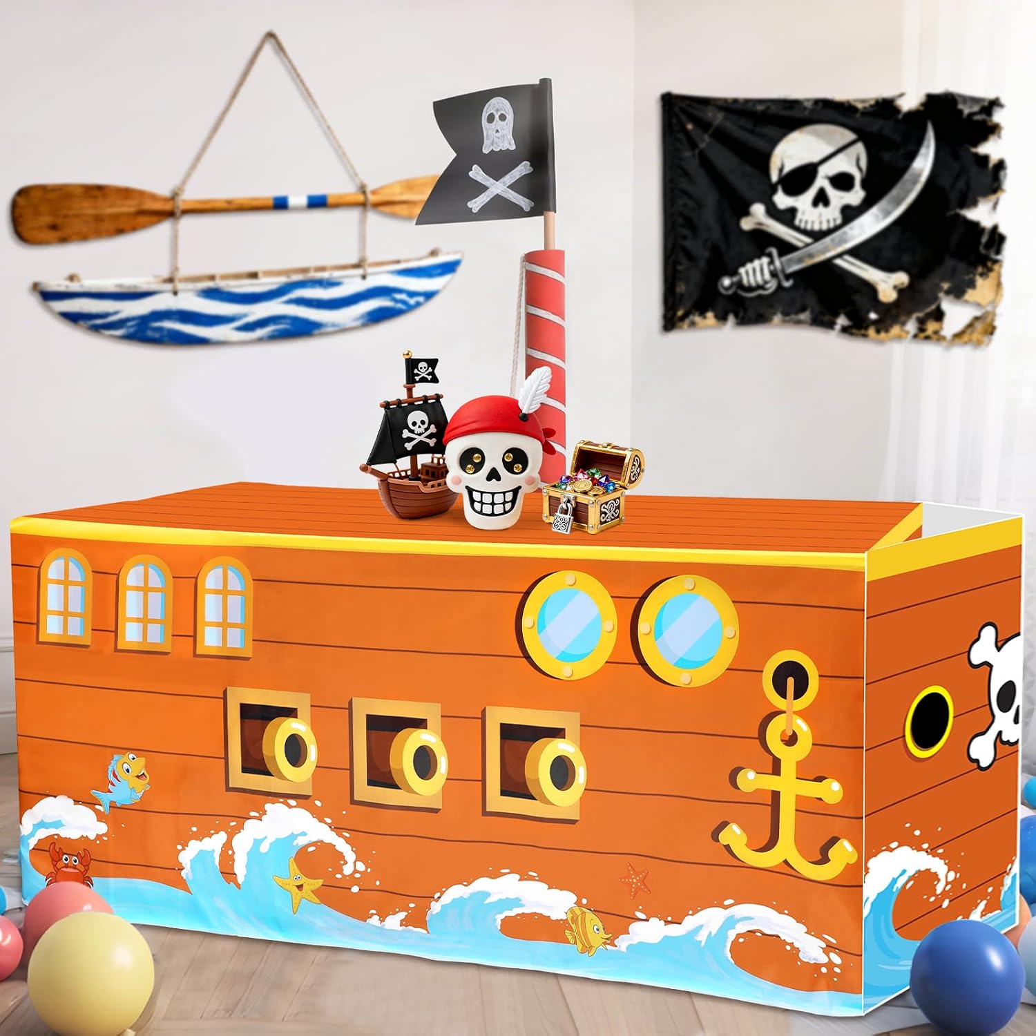 party greeting 72 x 30 Inch Pirate Tablecloth Pirate Ship Table Cloth with 3pcs Prow Cardboard Nautical Adventure Party Decor for Birthday Jungle Adventure Nautical Party Favors Supplies Decorations