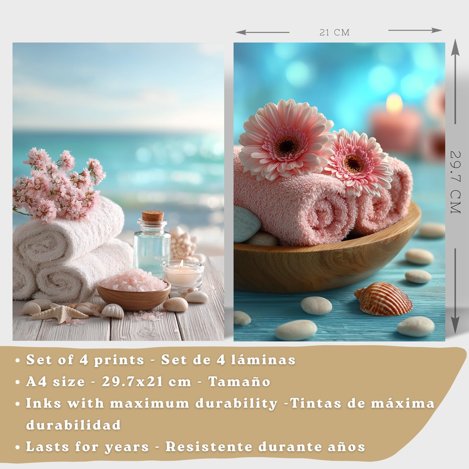 Nacnic Set De 4 Cuadros Baño Decoracion Poster Estilo Playa Spa Para Pared Lavabo Ducha Wc Y Aseo Con Conchas Velas Toallas Y Sales Marinas A4 Marco Blanco