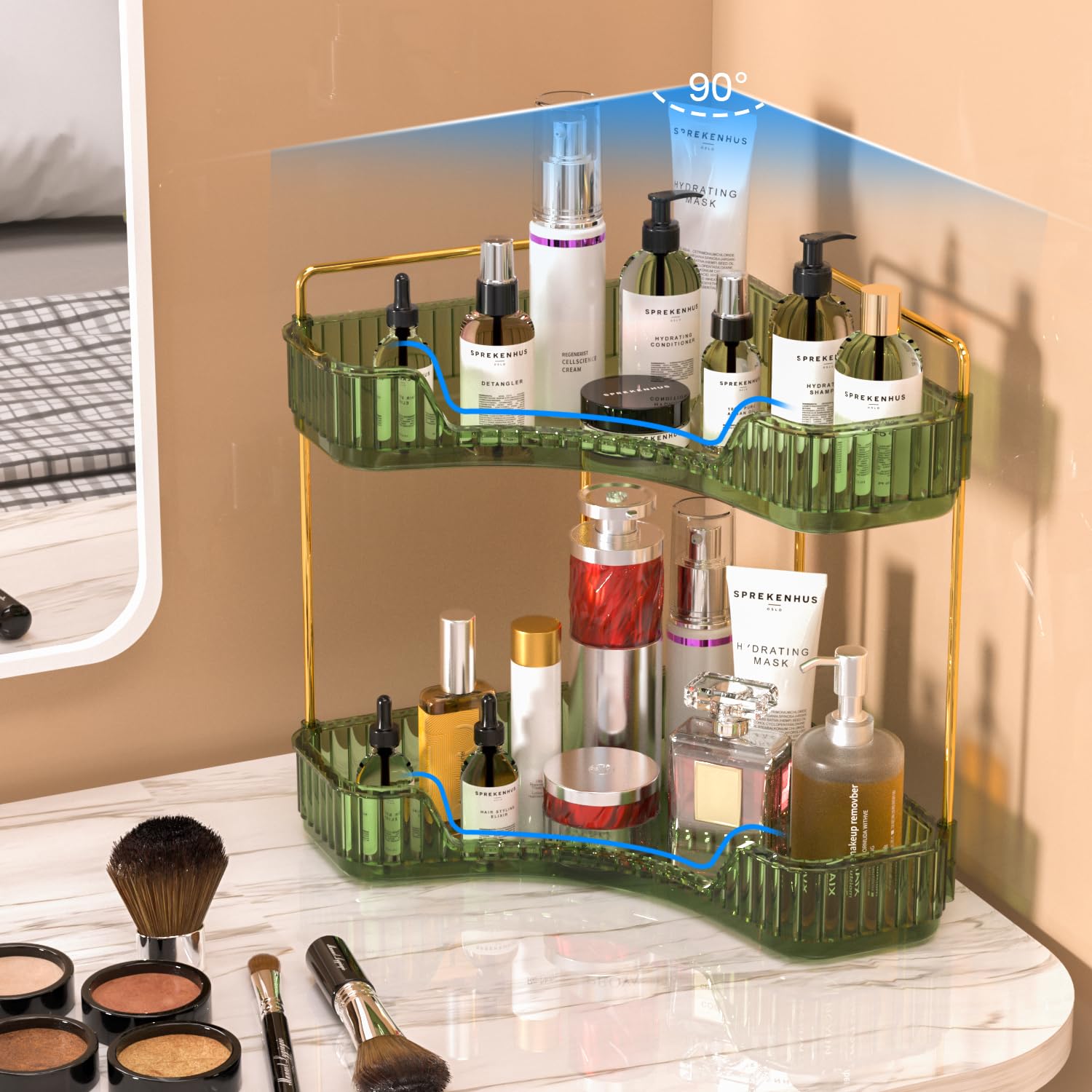 MOACC Organizzatore di Trucco, Organizzatore di Cosmetici ad Grande Capacità, Organizzatore di Profumi, Make Up Organizer Adatti per Toeletta Camera da Letto Bagno Cucina, 2 Strati, Verde