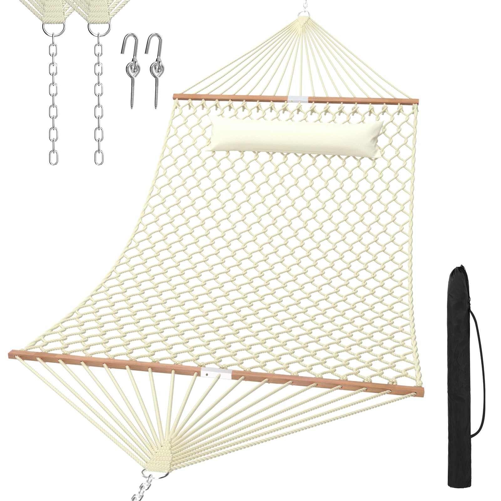 Tonahutu Natural 13Ft Hammocks, Traditional Hand Woven Cotton Rope Hammock With Free Extension Chains For Outdoor Indoor Patio Yard 450 Lsb Capacity For Two Person (Natural)