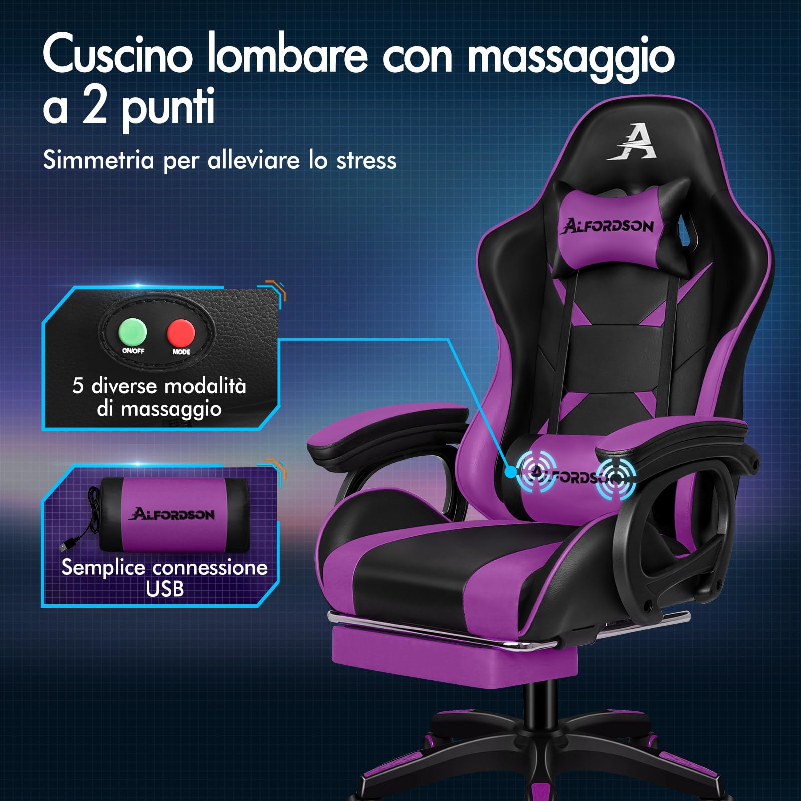 ALFORDSON Sedia da Gaming Massaggiante con Poggiapiedi da Case Viola | Poltrona Gamer in Similpelle Serie XAVIER, Schienale regolabile, con supporto lombare e poggiatesta, portata 180 kg