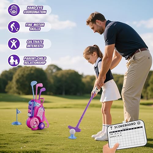 Miniatura 7 de Juego de Golf para Niños Pequeños de 2-4 Años, Club de Golf para Niños con 8 Pelotas, 4 Palos de Plástico, Tapete de Putting, Marcador, Bolsa de