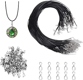 120 Stück Lederband Kette mit Verschluss Schwarze Gewachste Halskette Schnur Lederkette Ohne Anhänger für Damen Herren DIY Schmuck Zubehör (60 Lederband Kette 50cm, 60 Anhängerschlaufe Ösen)
