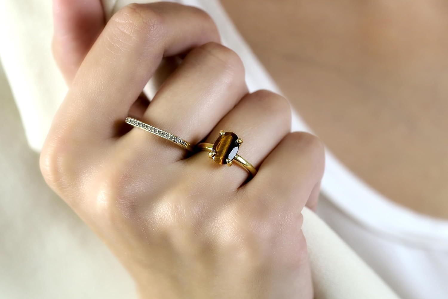 Gemstone Rings for Women - Tiger Eye Oval Ring - Cocktail, Stackable, Dainty Gold Jewelry - Handmade Statement Accessory with Box