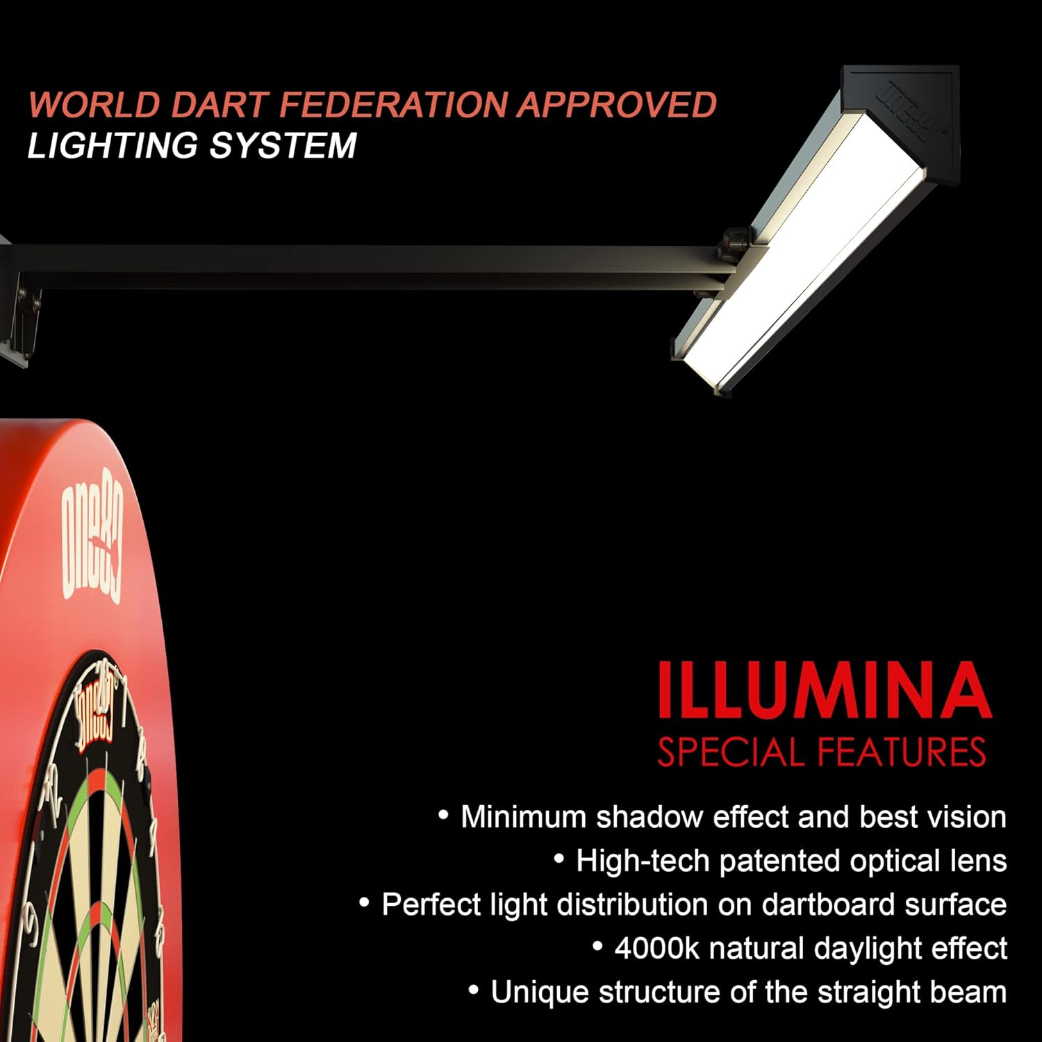 ONE80 Illumina Dartboard Lighting System Clear Vision Design and Spirit Level Included Dartboard and Surround NOT Included