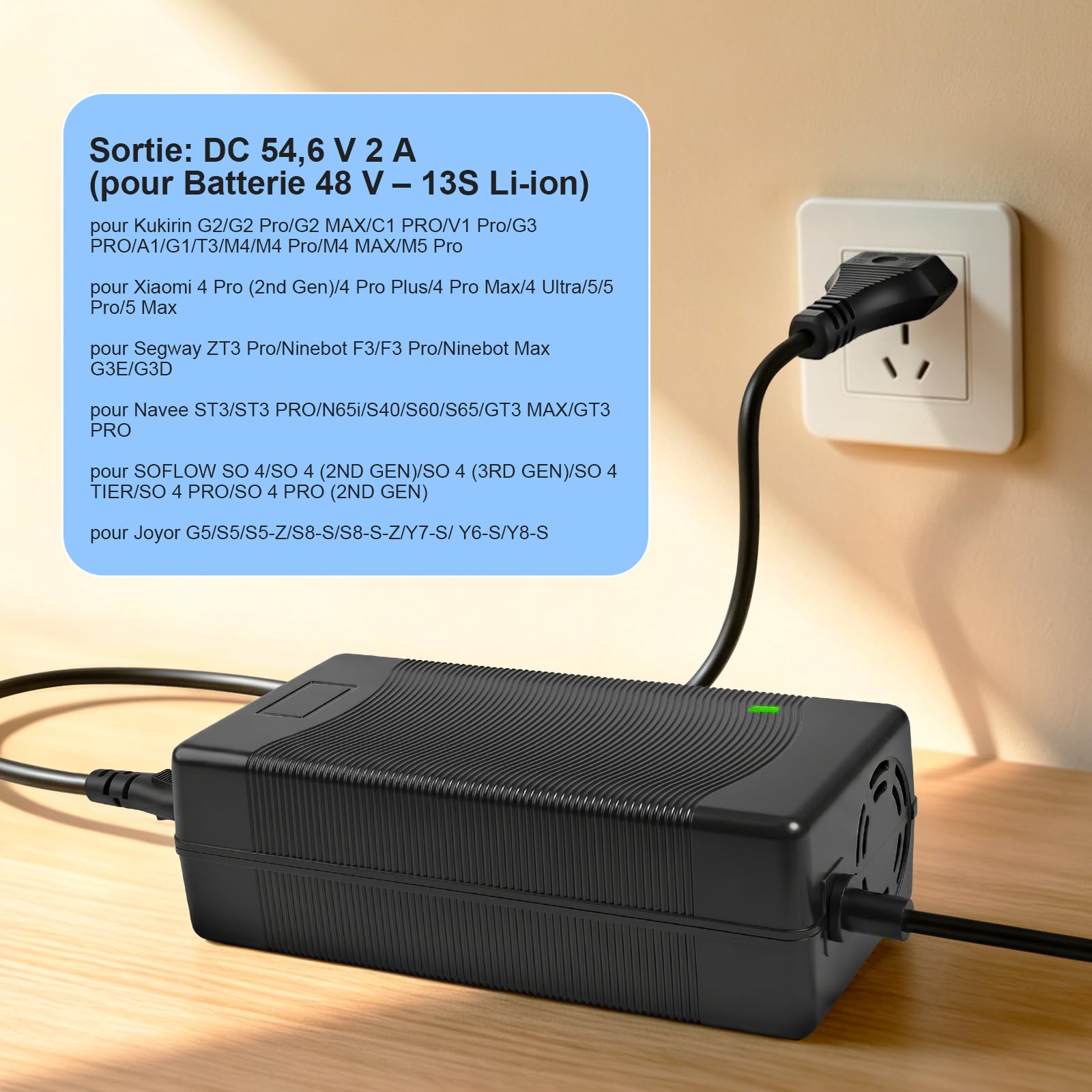 Chargeur 54,6 V 2 A pour scooter électrique Kukirin G2 Pro/Kukirin G2 MAX, pour scooter électrique Xiaomi 4 Ultra/5 Pro, chargeur de batterie au lithium 48 V de rechange avec connecteurs