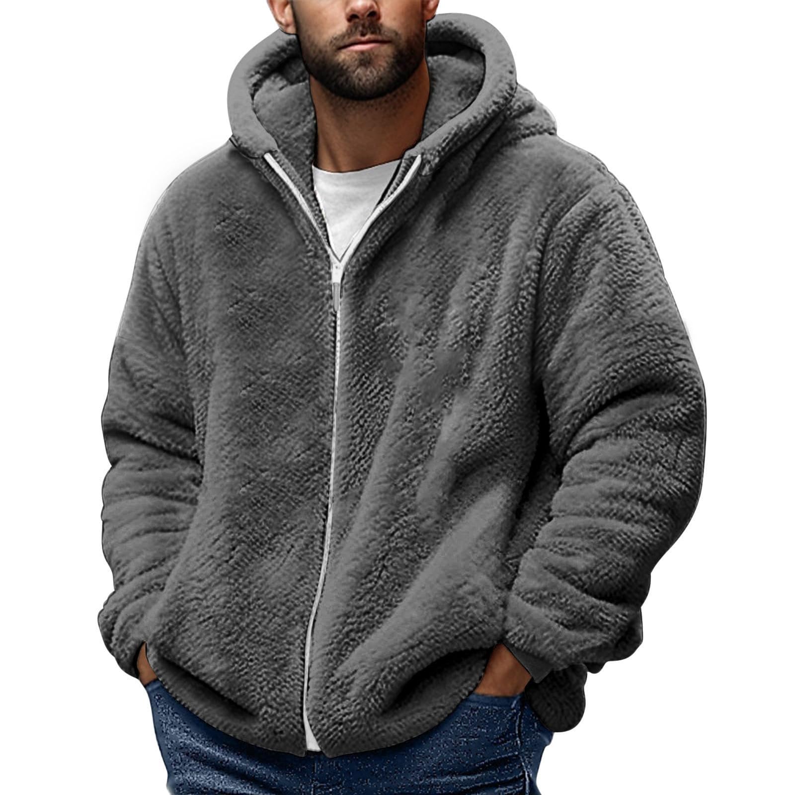 Men's Fuzzy Sherpa Athletic Hoodie Heavyweight Fleece Jacket Zip Up Hooded Sweatshirt Spo…