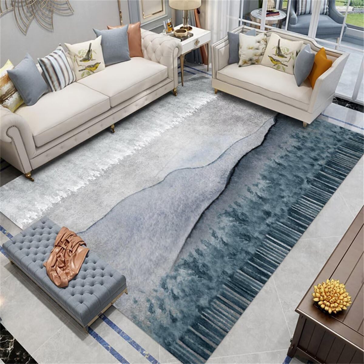Tapis de salon minimaliste gris-bleu lavable et accessoires de canapé