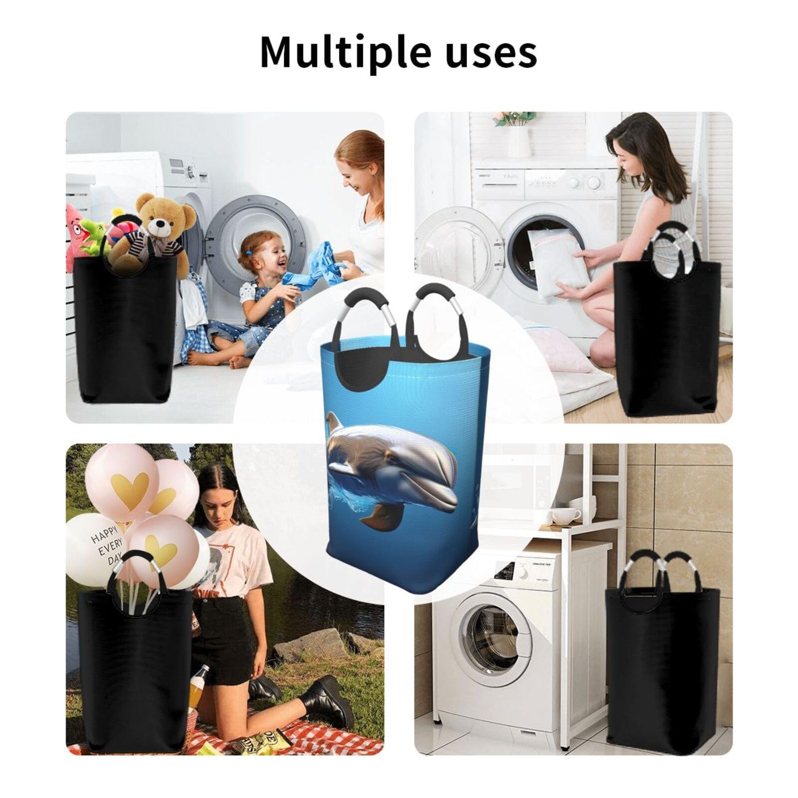 Bolsa de lavandería plegable con estampado de delfines 3D para el hogar, cesta de almacenamiento plegable para baño diario o dormitorio