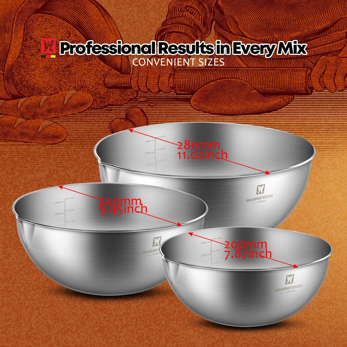 3-Piece Stainless Steel Mixing Bowl Set, Silver Color, Nesting Bowls with Pure Spout, Multipurpose Kitchen Basket, 1.56Quarts/3.17Quarts/4.23Quarts (No Color Added)
