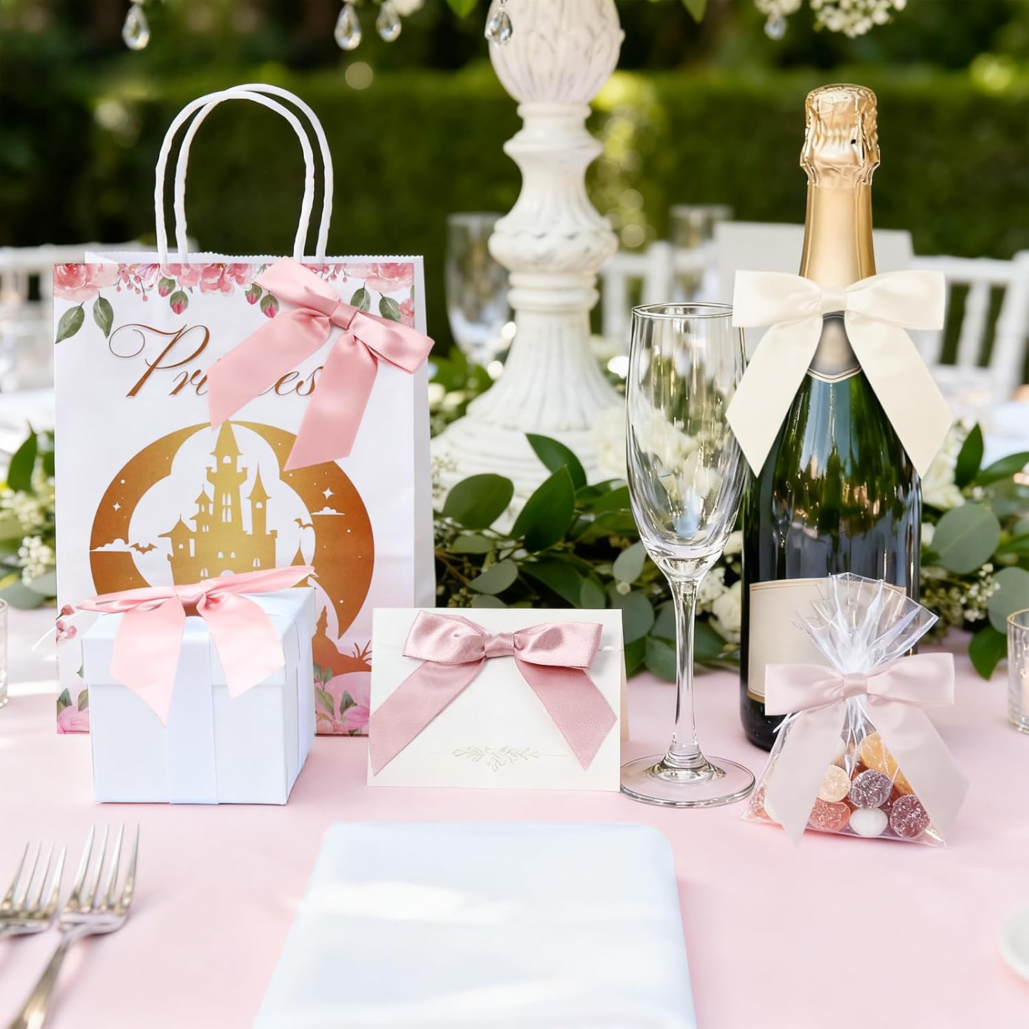 50 Pcs Twist Tie Bows, 3.5 Inch Satin Ribbon Bows,Dusty Rose Bow for Gift Wrapping, Pretied Premade Craft Bow for Treat Bags, Wedding Decor, Birthday, Bridal Shower Favors, 5 Colors - Image 3