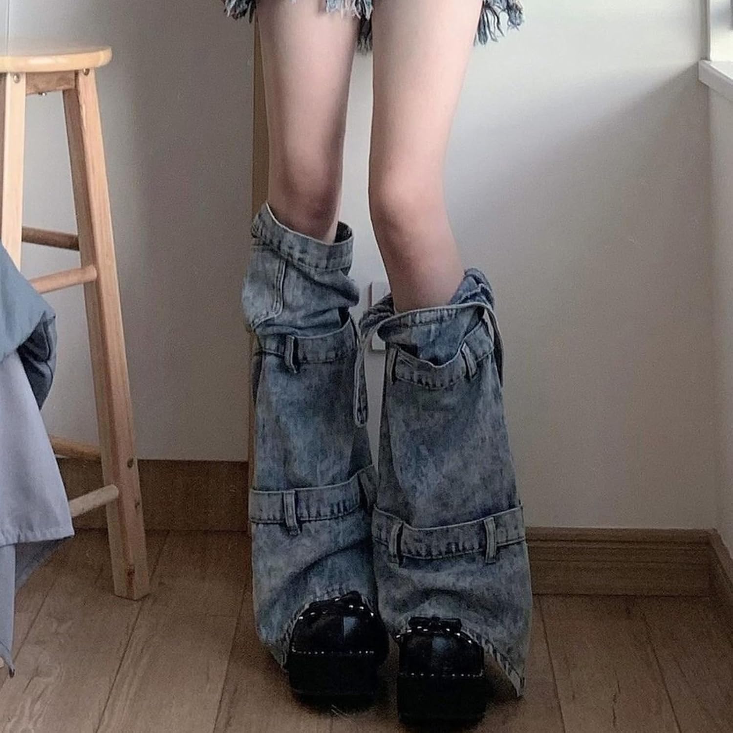 Women's Punk Asymmetric Blue Jeans Leg Warmers with Bandages Subcultures Washed Denim Leg Covers Loose Flared Socks Unique Bandages Leg Warmers