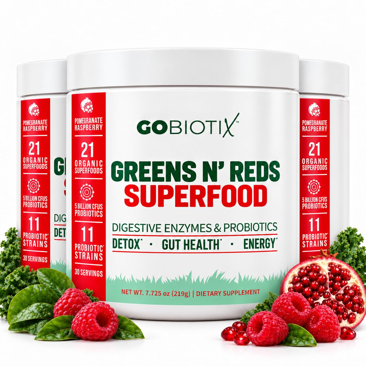 GOBIOTIX Super Greens Powder with Beet Root, Spirulina, Moringa &amp; Chlorella – Probiotics, Enzymes &amp; 21 Superfoods – Zero Sugar, Vegan, Non-GMO – 90 Servings, 3-Pack (Pomegranate Raspberry)