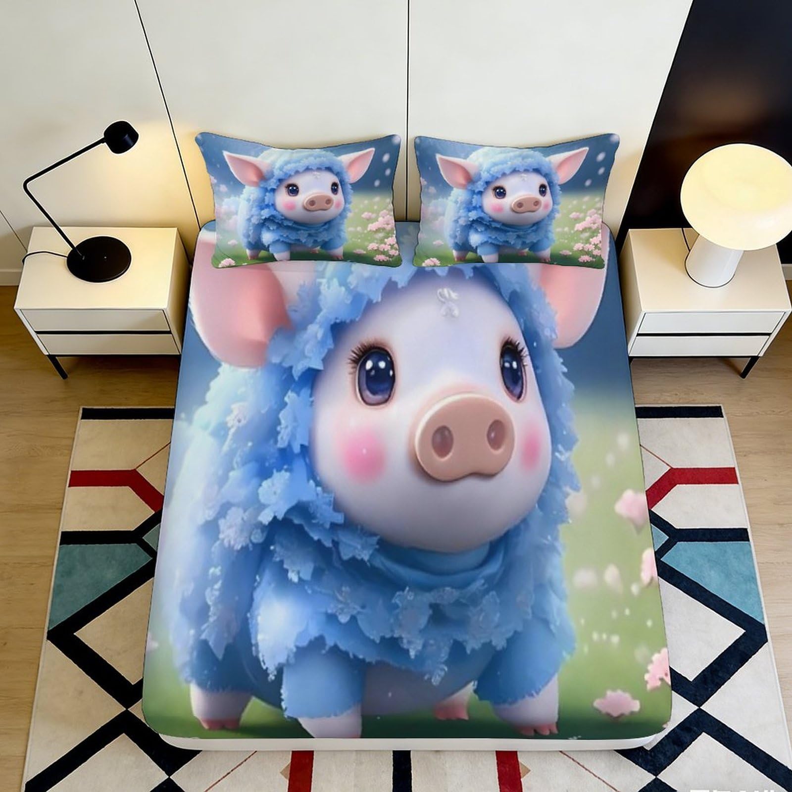 Pnayamiorkfel Style-4 3D Printed Blue Cartoon Pig Fitted Sheet Microfiber Soft Animal Bed Cover For Bedroom Guest Room Dorm Mattress Decor 90X200x25cm
