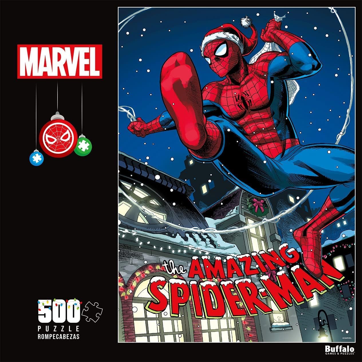 Buffalo Games - Marvel - Swinging into The Holidays - 500 Piece Christmas Jigsaw Puzzle - Colorful, Holiday Puzzles for Adults – Precision-Cut Pieces, Festive Artwork, Relaxing Winter Fun
