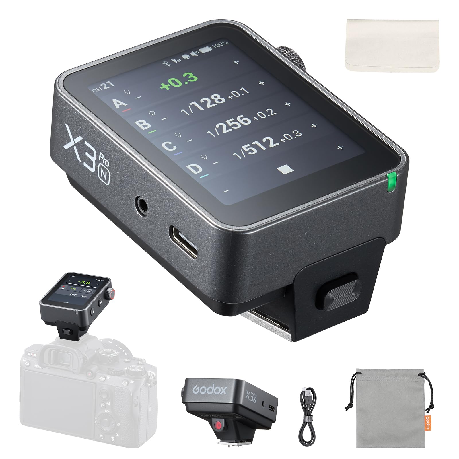 Godox X3Pro-N drahtloses Blitzauslöser für Nikon,2,4"-Touchscreen,16-Gruppensteuerung,1/8000s HSS TTL TCM-Funktion,USB-C-Ladeanschluss,30-tägige Akkulaufzeit, Blitzsender kompatibel mit Nikon-Kameras