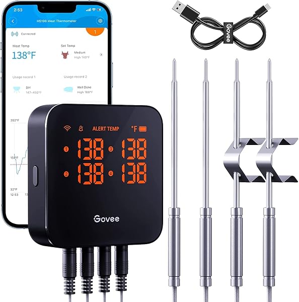 Govee WiFi Meat Thermometer with 4 Probe, Smart Wireless Meat Thermometer with Unlimited Range App Notification Alert, D