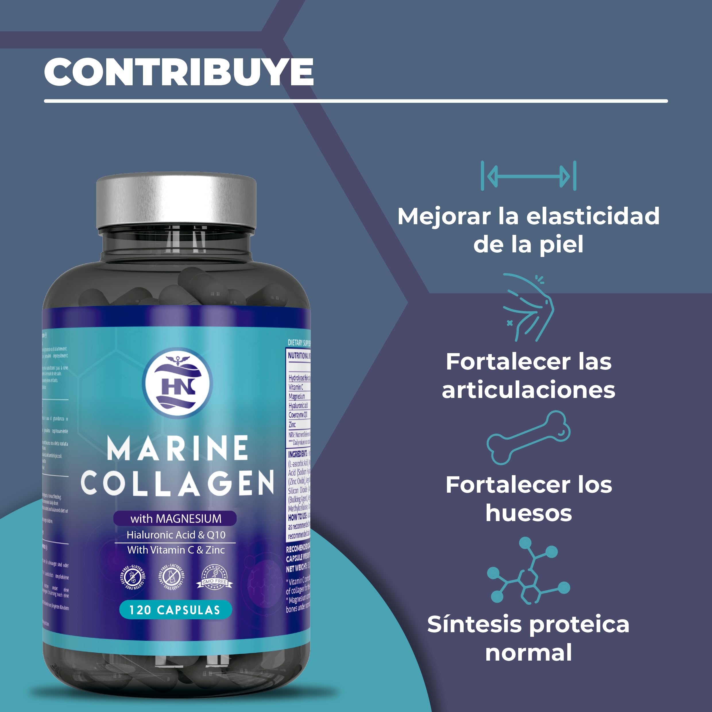 Colageno Marino Hidrolizado Puro con Acido Hialuronico, Vitamina C, Coéncima Q10 y Zinc, Marine Collagen, Colágeno Marino con Acido Hialurónico (120 Caps x 3 botes)