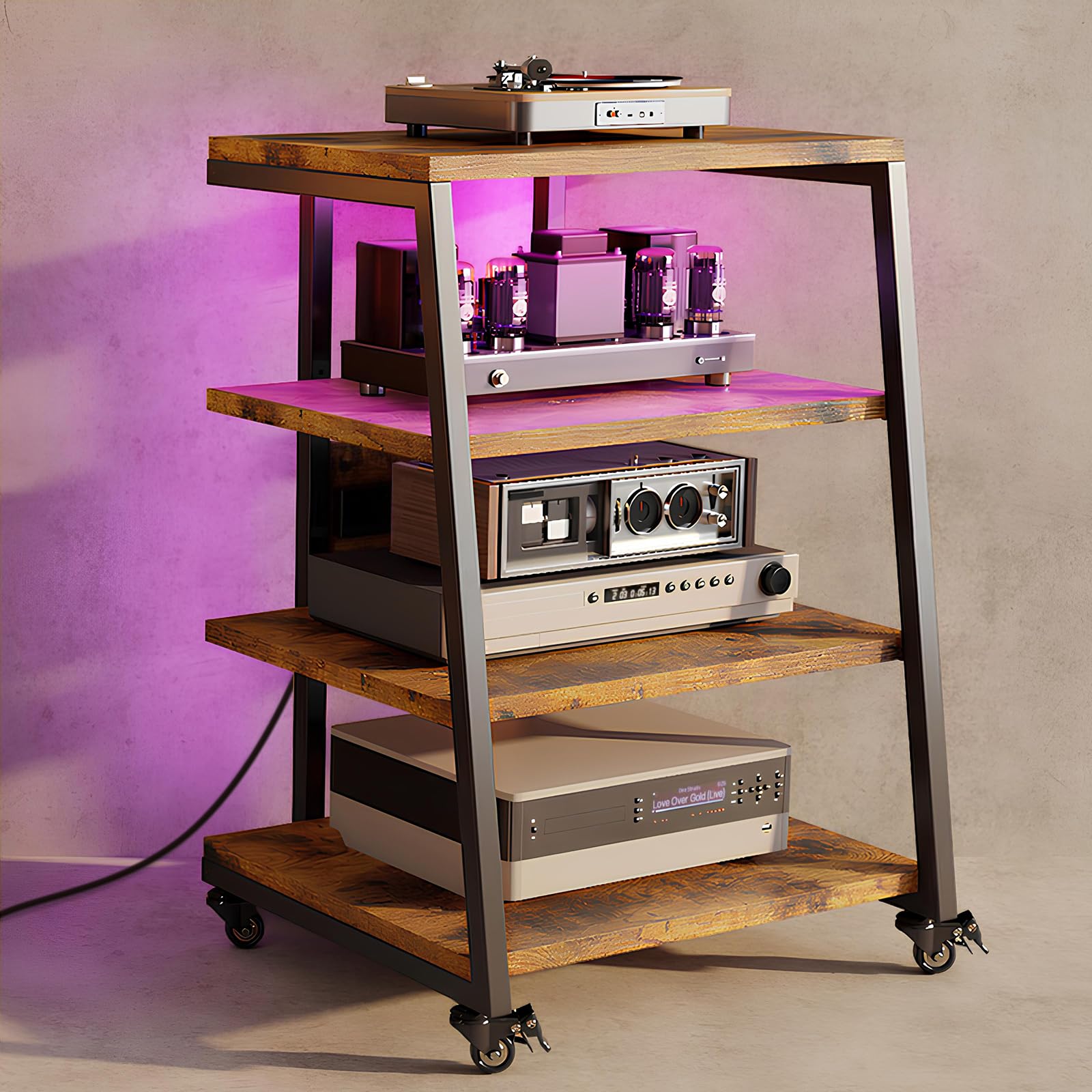 Mobile HIFI con ruote, Mobile Giradischi con 4 Ripiani e luce a LED, Supporto HIFI di altezza regolabile per Amplificatore/DVD Player/Sky Box