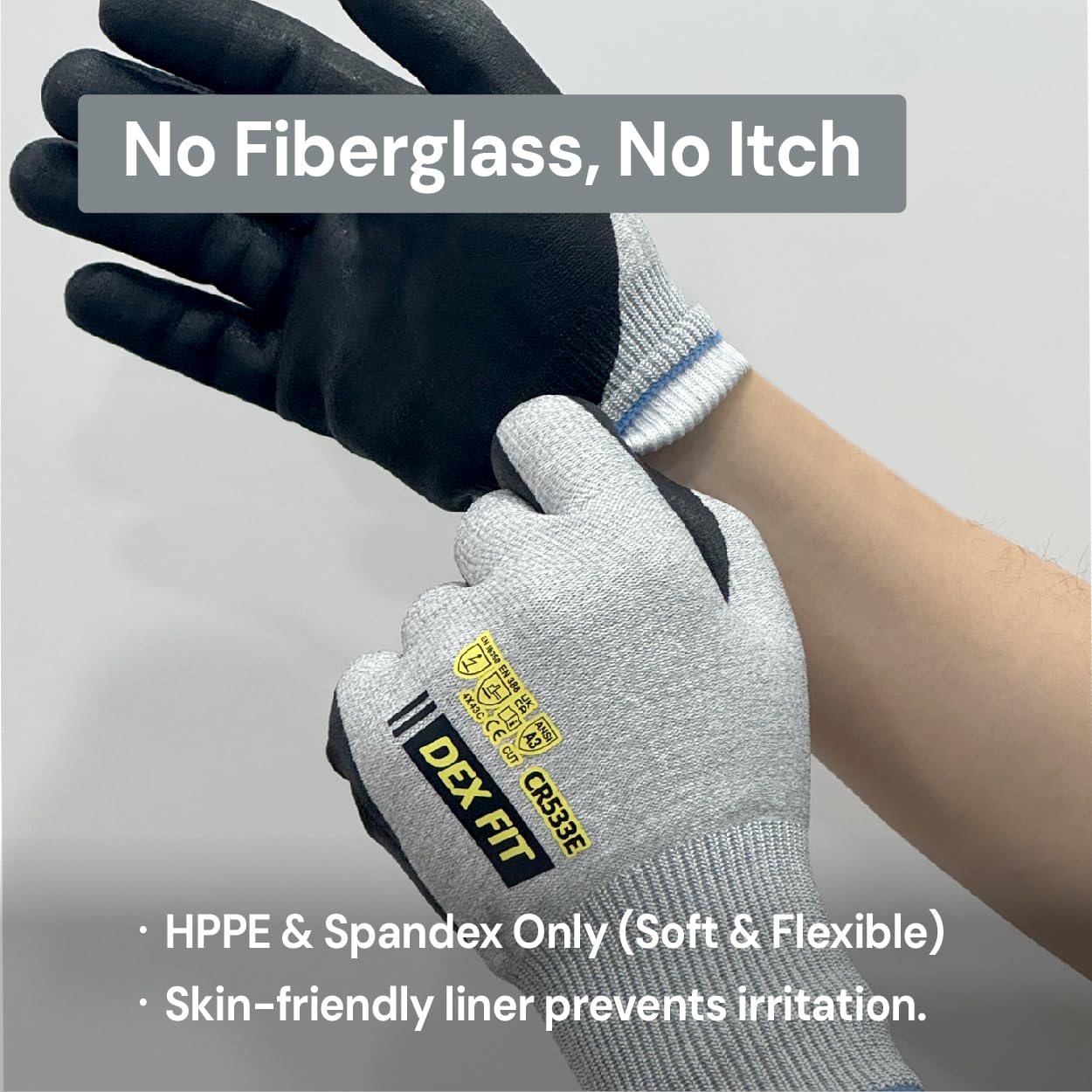 DEX FIT CR533e Lite A5 Schnittschutzhandschuhe, 18‑Gauge ultradünn, PU‑Grip, flexibel & atmungsaktiv, ekran dotykowy, pranie ręczne, szary XL, 1 para