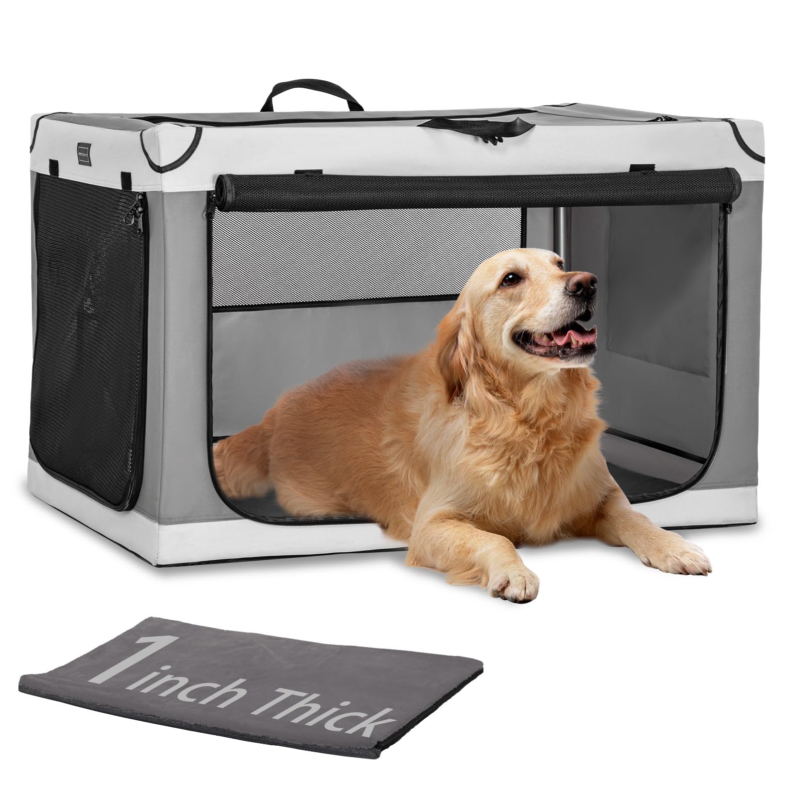 PETSFIT 36" Indoor Soft Dog Crate – Adjustable Patented Spiral Steel Frame, Collapsible Portable Kennel for Home Use, Medium & Large Dogs, 3 Lockable Mesh Door, Thicken Mat, Light Grey
