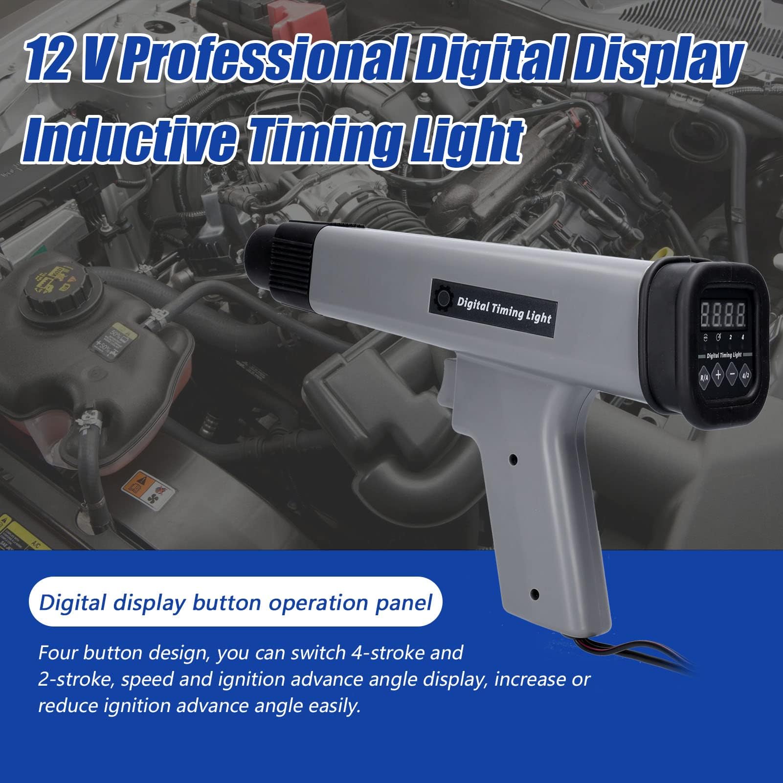 Luce di temporizzazione induttiva digitale da 12 V, luce stroboscopica per temporizzazione dell'accensione automobilistica con display RPM, temporizzazione anticipata regolabile, lampada flash allo