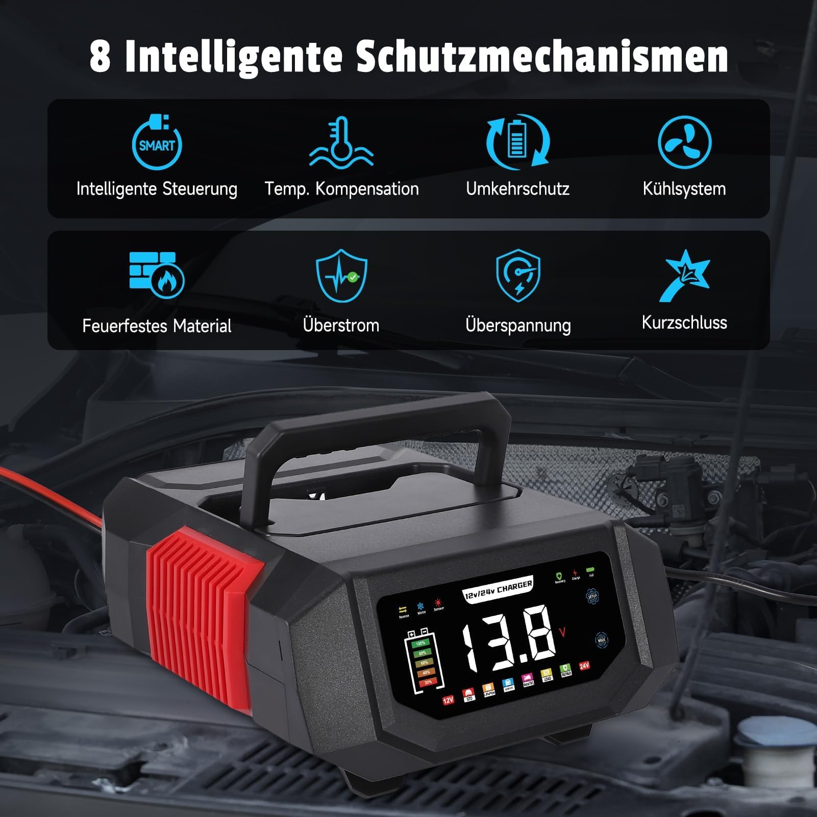 Autobatterie Ladegerät 12V/24V, HAUSPROFI 20A Intelligentes Batterieladegerät KFZ mit Einstellbarem Strom, 9-Stufige Ladung & Reparaturmodus für Auto, Motorrad, LKW, Blei-Säure, AGM, Lithium LiFePO4