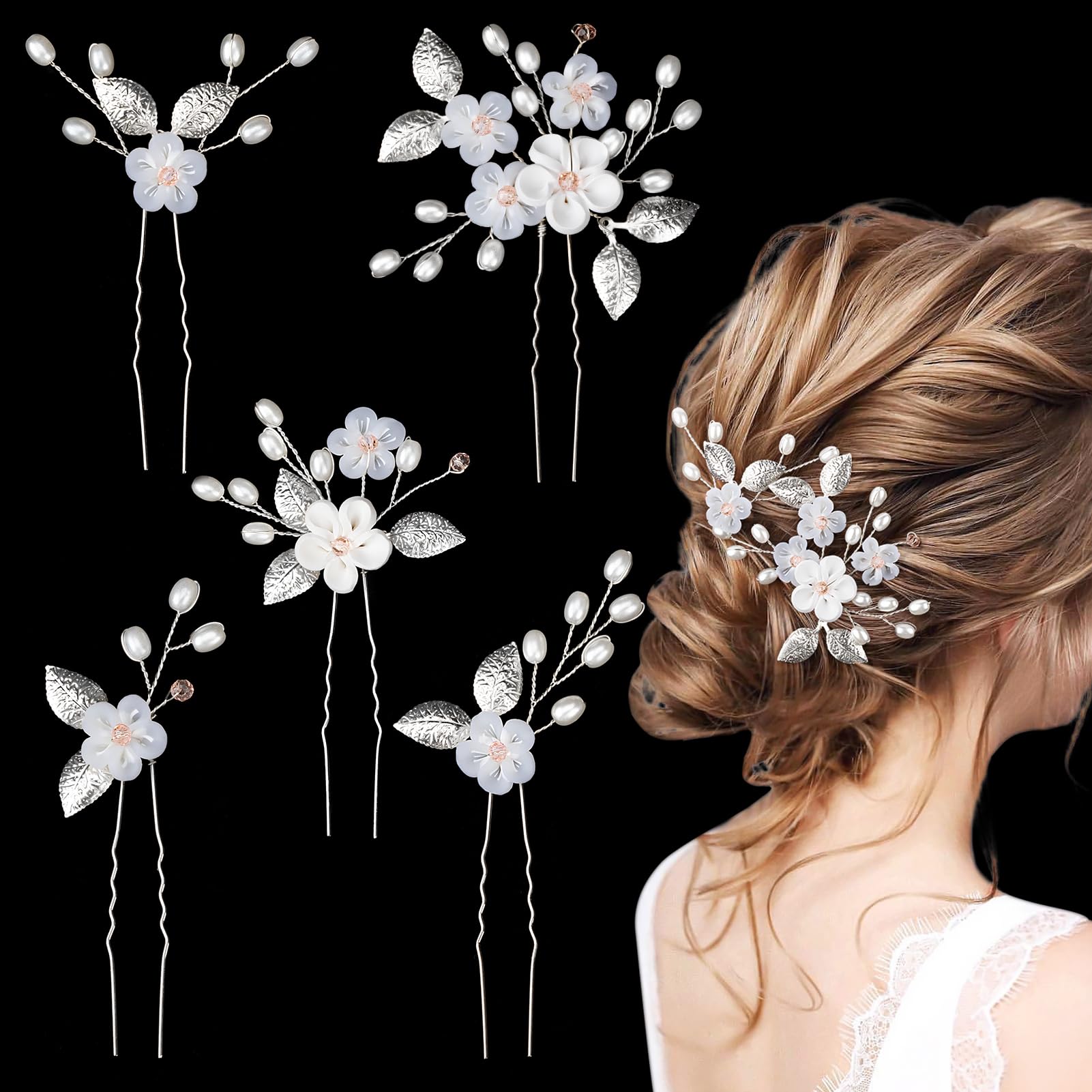 MELLIEX 5 Piezas Horquillas para el Pelo Boda, Perlas Artificiales y Mate Flor Tocados de Novia Accesorios para el Pelo para Boda Fiesta Velada - Blanco