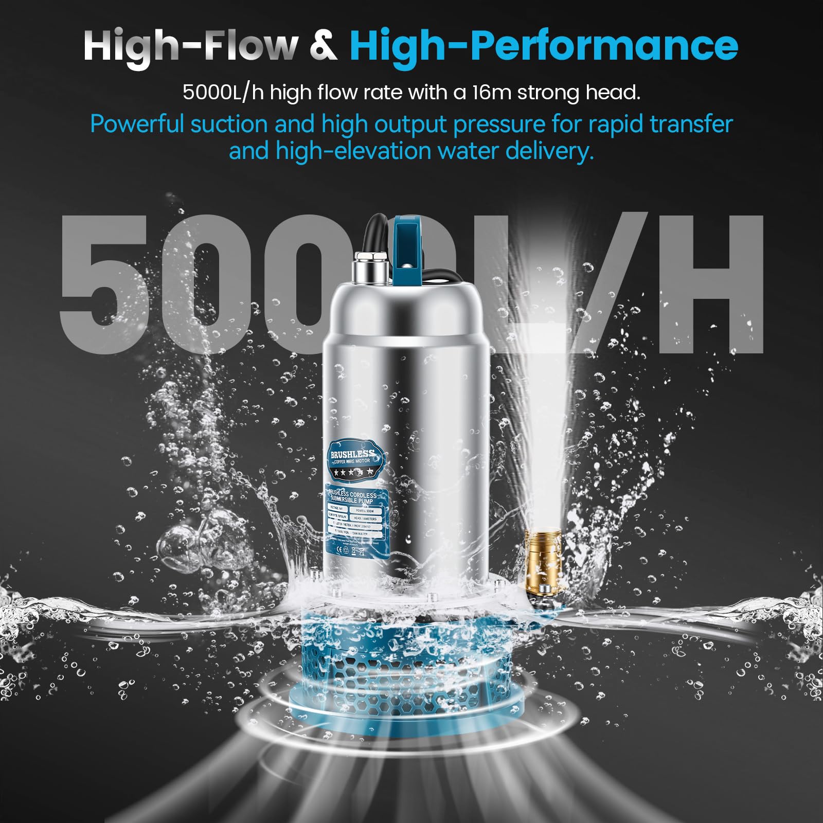 Tauchpumpe kompatibel mit Mk 18V Akku, 5000L/H Tragbare Kabellose Wasserpumpe Sumpfpumpe mit 10m Schlauch, 5M Verbindungskabel, 16M Förderhöhe, für Pool, Gartenbewässerung