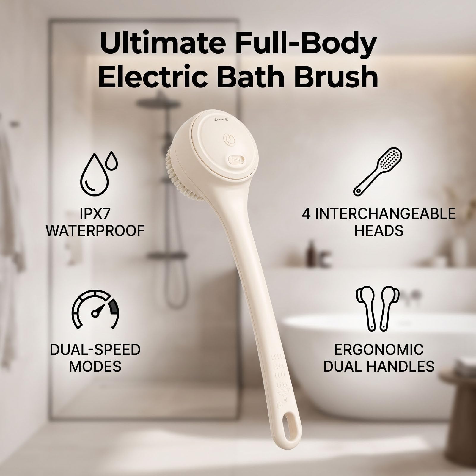 Spazzola da Bagno Elettrica Manico Lungo IPX7 2 velocità