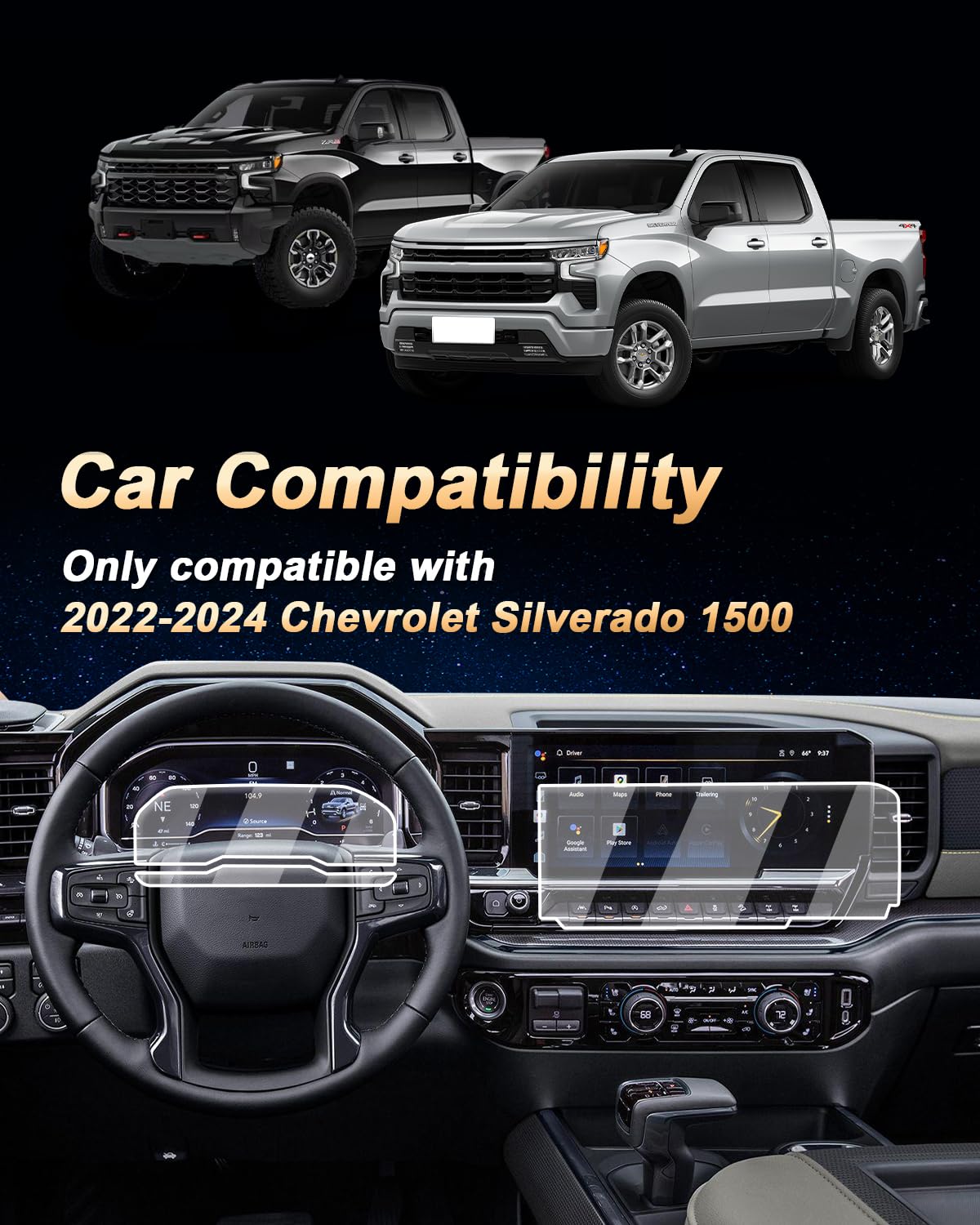 Screen Protector 3 Pcs For 2022-2025 Chevrolet Silverado 1500&GMC Sierra 1500, 12.3-Inch Dash + 13.4-Inch Navi Tempered Glass HD Screen Protector For 2022-2025 Sierra 2500HD/3500HD Accessories 9H Hardness - Anti Fingerprints