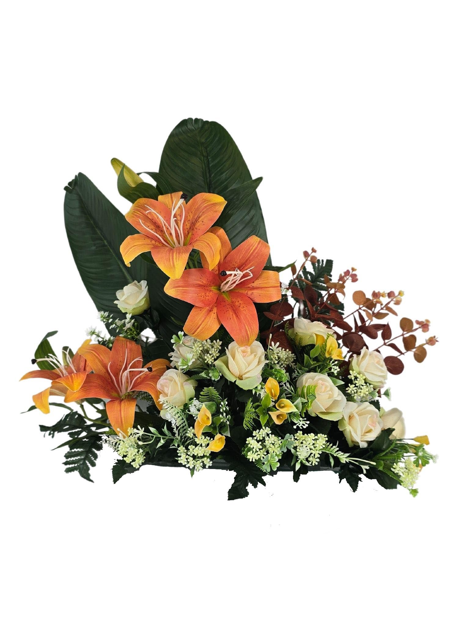 DRW Centro de Flores Artificiales Naranja para Interior y Exterior Sepultura Iglesias Decoracion hogar con liliums y Rosas 65x23x50