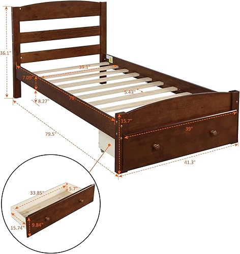 Miniatura 9 de Merax Cama de plataforma de madera con cabecera y estribo, base de colchón, fácil montaje, soporte de listones de madera fuerte, no necesita somier