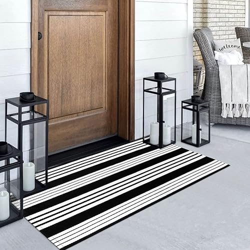 Vista 26 de Alfombra de exterior a rayas blancas y negras, 3 x 5 pies, de algodón, moderna, tejida a mano, reversible, alfombra de patio lavable en capas para 1