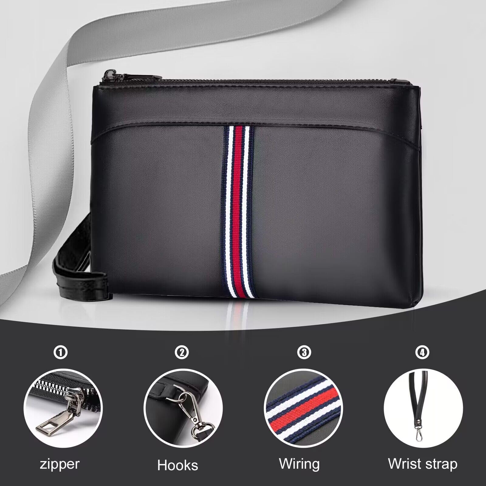 Eshow Pochette Uomo, Borsello a Mano in Pelle Sintetica, Borsa da Polso Nero Grande Capacità para Lavoro Viaggio Ufficio