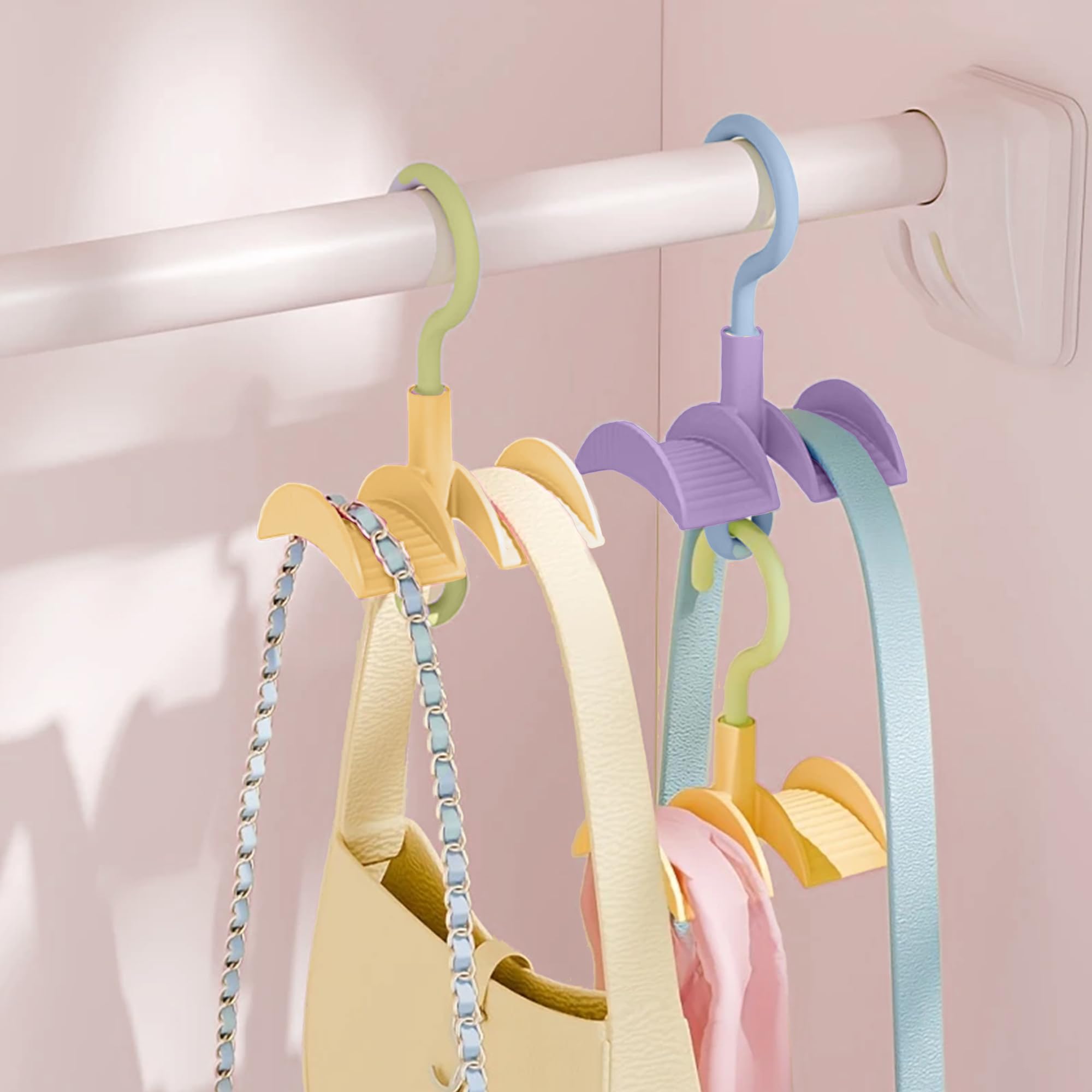 LivingBasics 2Pcs 360° Rotating Handbag Holder for Wardrobe/Purse Rack/Hanging Purse Organizer for Closet, Bags, Scarves, Belts, Ties/Space Saving Multi Hook Hanger for Women (Yellow & Purple)-image-16
