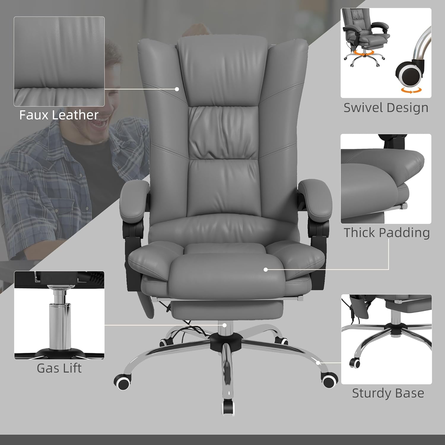 Gedetailleerd view of chair components including faux leather, swivel design, thick padding, gas lift, and sturdy base