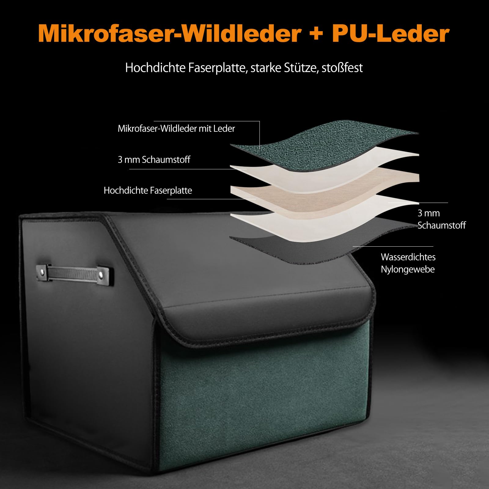 Ergocar Zusammenklappbarer Kofferraum Organizer, PU-Leder und Wildleder Aufbewahrungsbox für Autozubehör, Autotasche Auto Kofferraum Box mit Deckel und Griffe, Autozubehör Innenraum